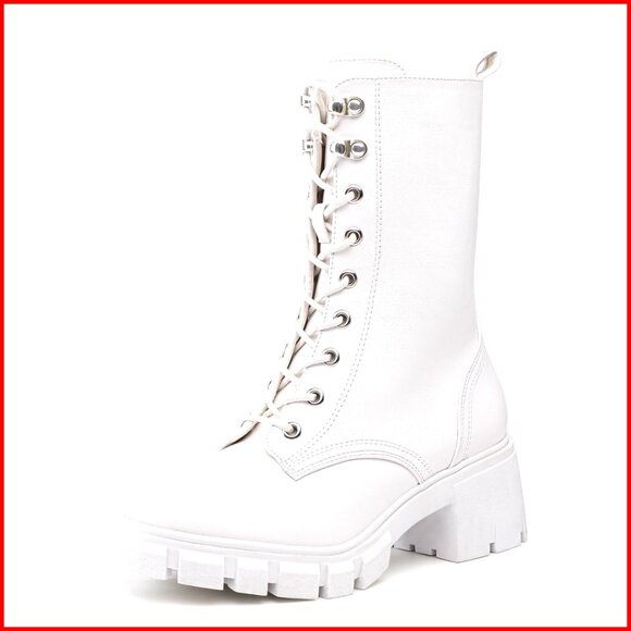 Platform Combat Boots Mid Calf Lace Up Side Zipper Chunky Heel